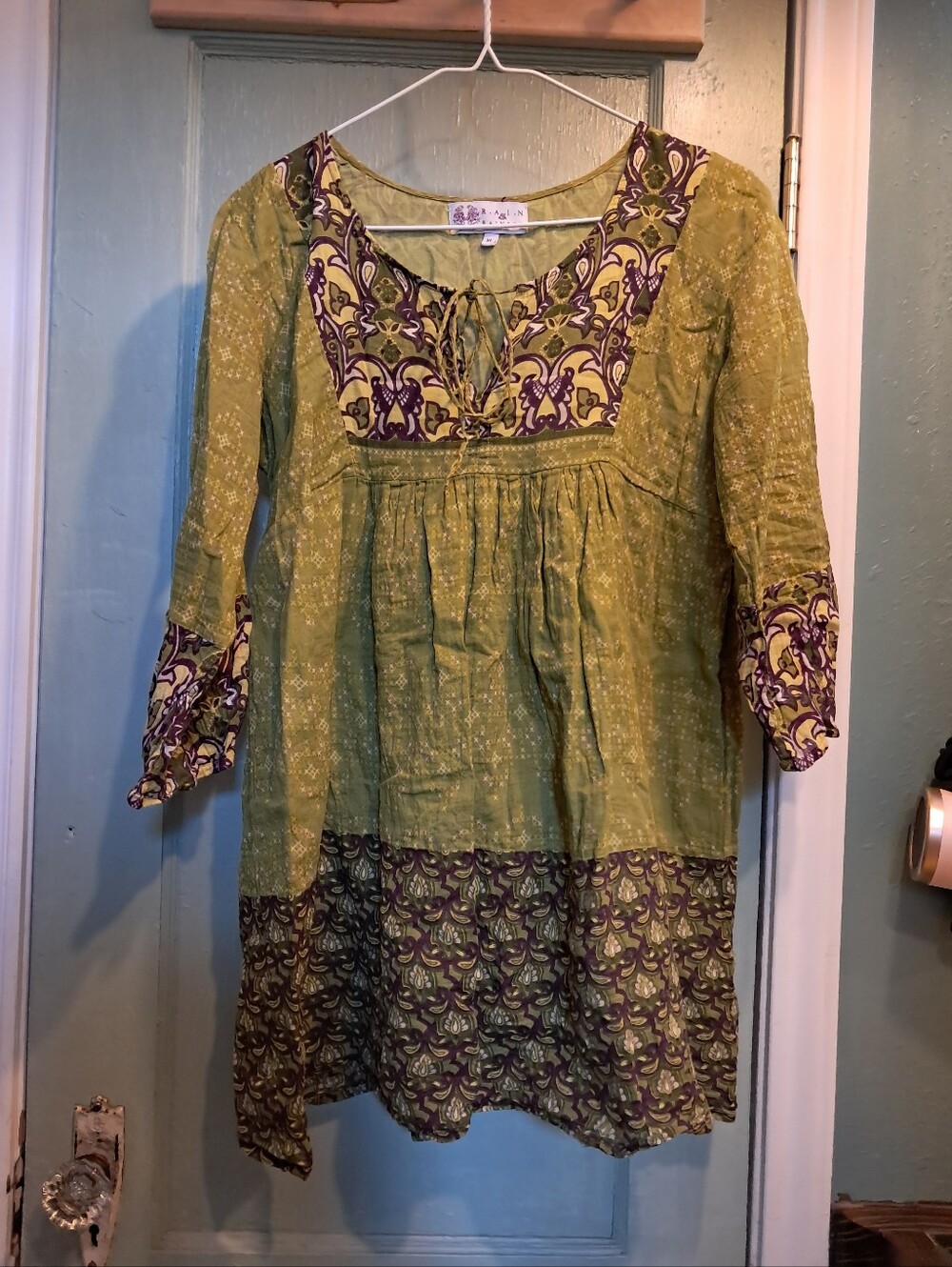 Rain & Rainbow Green Boho Tunic with Purple Embroidered Label